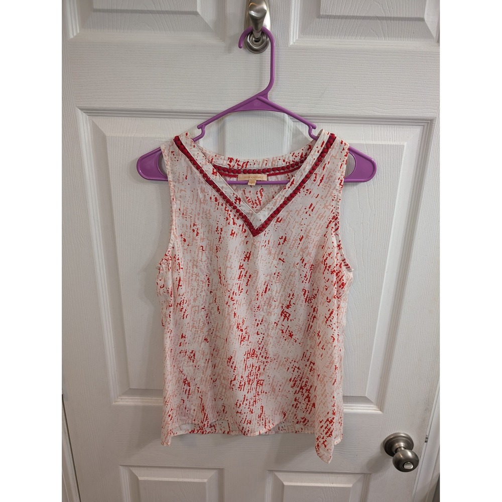 Skies Are Blue Sleeveless Blouse Women Red White Pom Pom Trimโ Abstract - Size S